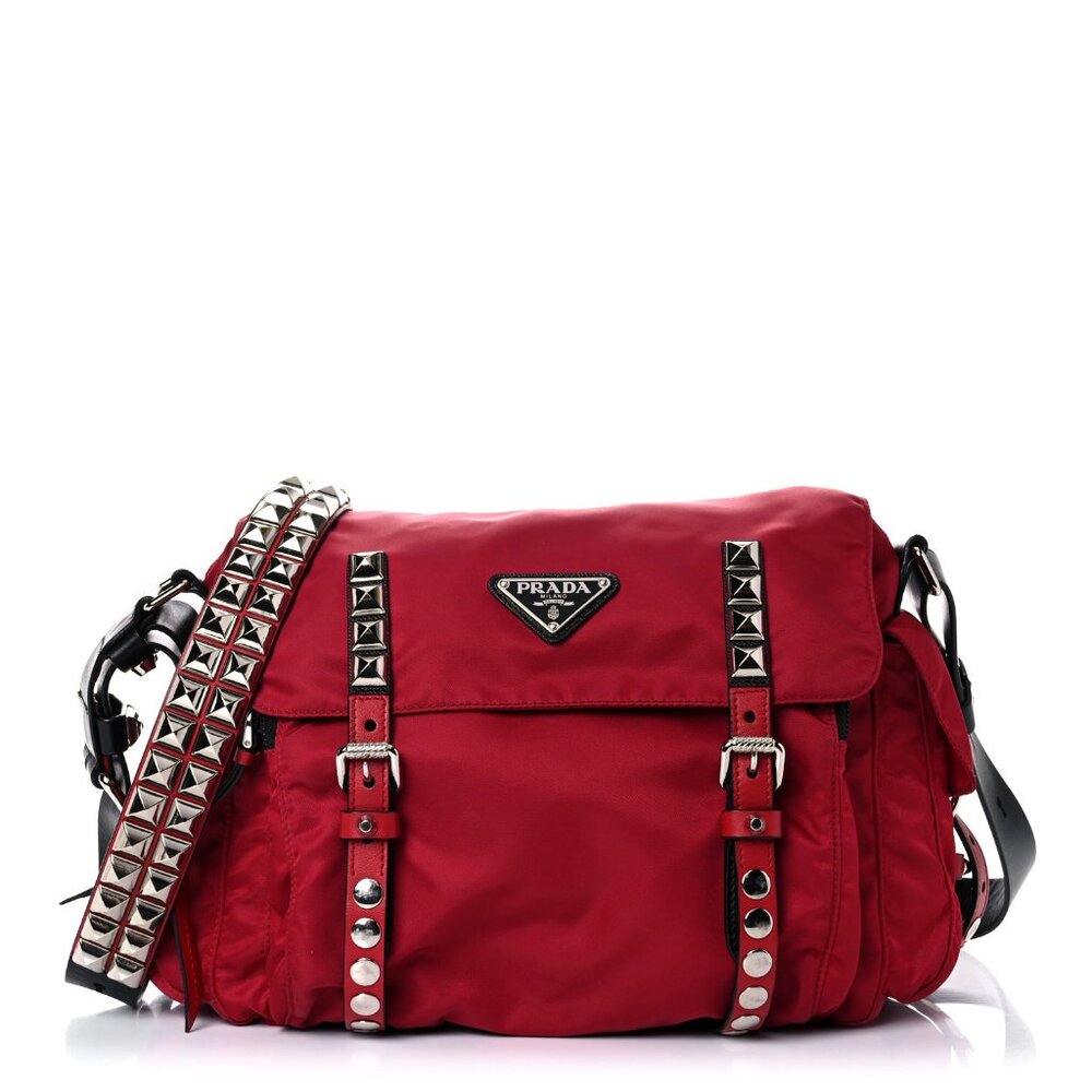 Prada Re-nylon Studded Shoulder Bag Cherry Red AUTHENTIC (2020)